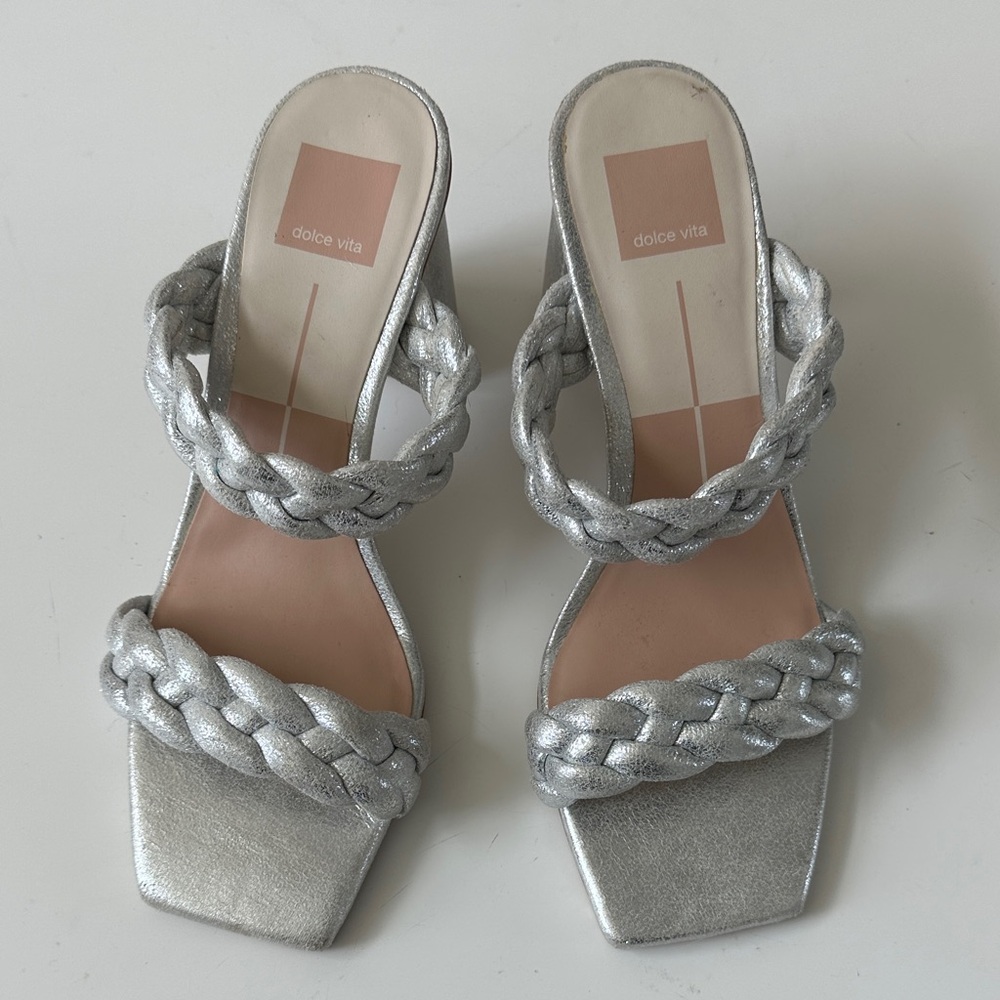 Dolce Vita Paily Silver Metallic Stella Suede Braided Detail Heeled Sandals